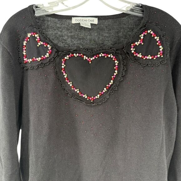 Bobbie Bell Vintage Valentines Sweater Size L Black Heart Beaded Round Neck 90s - Picture 2 of 7